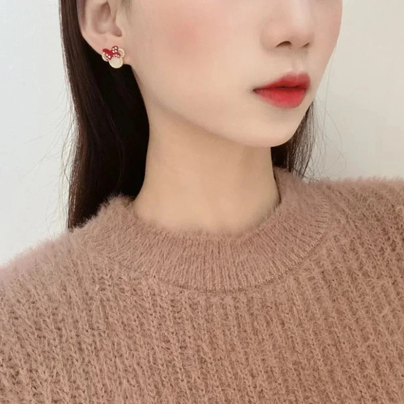 Dainty Gold Minnie Mouse Bow Stud Earrings Minnie Gold & Red Polka Dot Studs - Picture 2 of 9